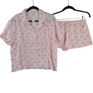 NWT Aeropostale Blush Pink Heart Print Pajama Short Set With Button-Up Top Sz S